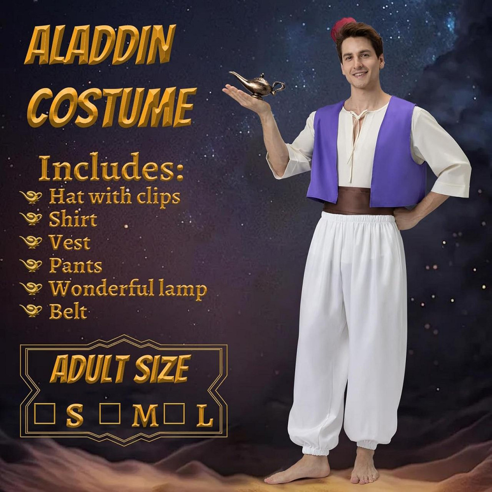 Костюм Аладдін Prince Ali біло-золотистий арабський жилет штани сорочка капелюх лампа карнавальний Київ - фото 2