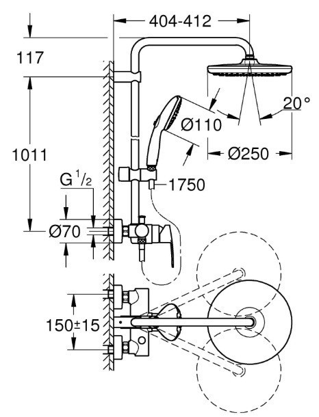 Душова система із одноважільним змішувачем настінного монтажу Grohe Tempesta System 250 (26673001)   ( 24549 ) Харків - фото 2