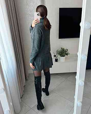 Женский уютный теплый костюм: свитер и юбка мелкая машинная вязка Антрацит Одесса