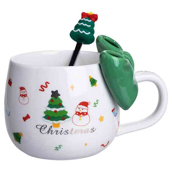 Yiwu Новорічна порцелянова чашка з ложкою Merry Christmas 400 (мл) Зелений Yiwu FM-CS-19B Коломия