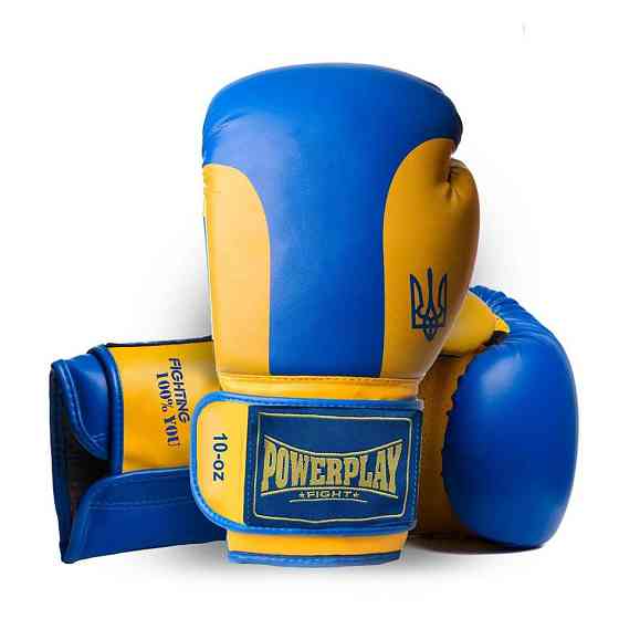 Перчатки боксерские для бокса и единоборств детские PowerPlay 3021 Ukraine 8 унций синие с желтым Киев