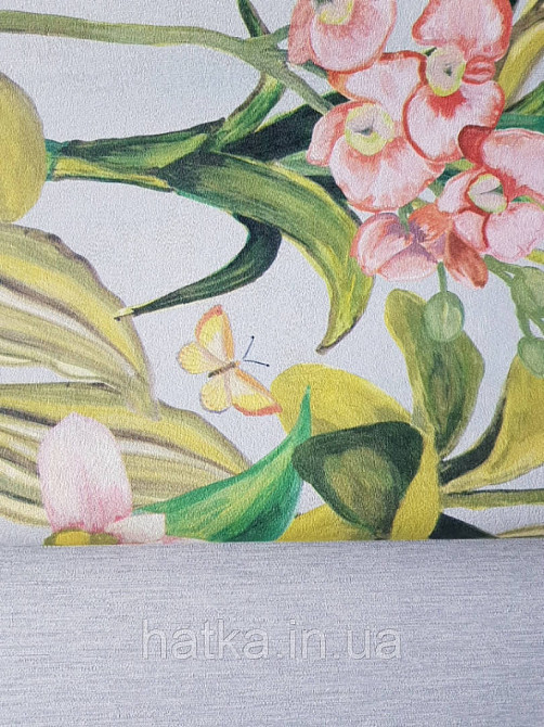 Шпалери вінілові Decoprint Breeze листя метелики квіти орхідеї лілії червоні бузкові на блакитному 0.53х10 м Київ - фото 3