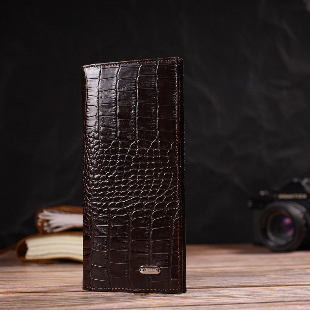 Стильный мужской вертикальный бумажник из натуральной кожи с тиснением под крокодила CANPELLINI 21900 Коричневый Киев - изображение 7