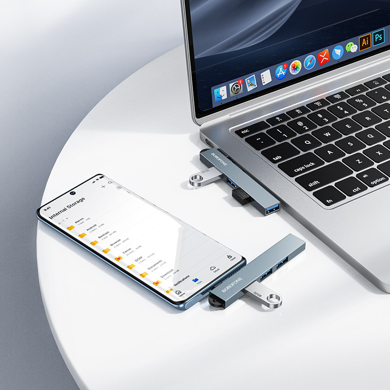 USB-хаб BOROFONE FH1A 4-in-1 converter(Type-C to USB2.0*3+USB3.0) Metal Gray Одеса - фото 7