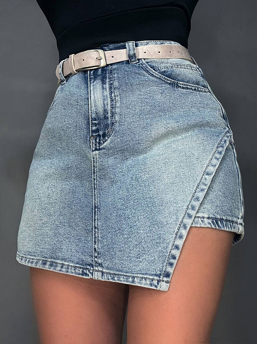 Шорти-спідниця жіночі Liana 4-050 джинсові короткі на запах з ременем блакитні, блакитний, 30, 30, 82 см, 109 см Київ - фото 9