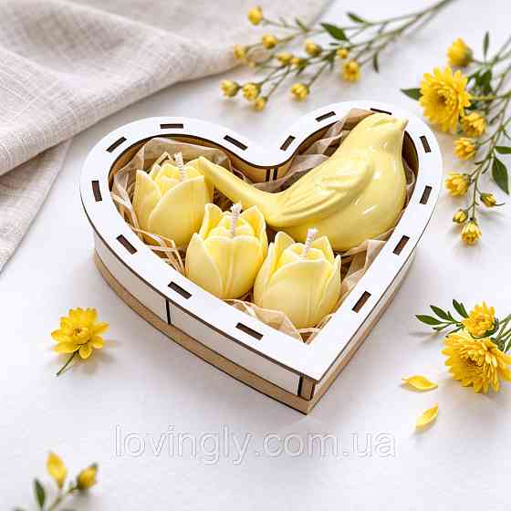Подарунковий набір весняний у дерев'яній коробці Серце - керамічна пташка , свічки-тюльпани, ручна робот Ірпінь