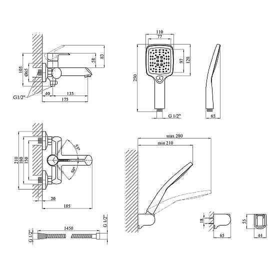 Змішувач для ванни з душовим гарнітуром Kroner KRP Essen - SCH060 хром/чорний Київ