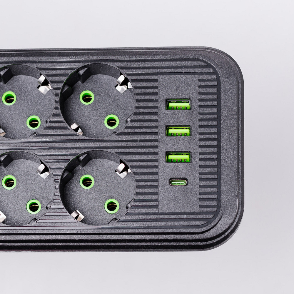 Сетевой фильтр 2.8 м удлинитель на 8 розеток с 3 USB 1 Type-C и кнопкой отключения F20U Черный HP-5-28 Киев - изображение 7