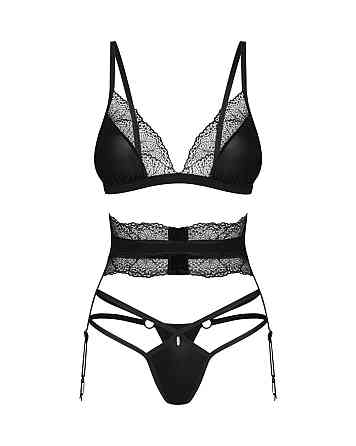 Комплект Obsessive Lobellis 3-pcs set, XS/S, черный, лиф с мягкой чашкой, стринги, пояс для чулок Sex Aura Киев