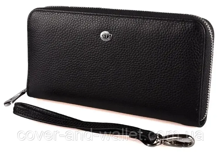 Черный кожаный кошелек клатч на молнии с ремешком ST 45-2 Киев - изображение 1