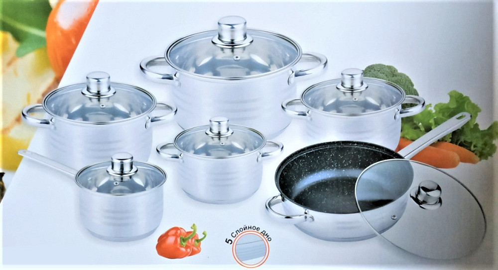 BN-290 (2)-Набір каструль 12 пр Нерж 2,1л; 2,1л; 2,9л; 3,9л; 6,5 л + сковорода Одеса - фото 1