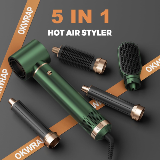 Фен-стайлер OKWRAP Hair Styler 5 в 1, 1000 Вт, фен-щётка с Coanda, 3 режима, ионизация, насадки для локонов, зелёный Киев