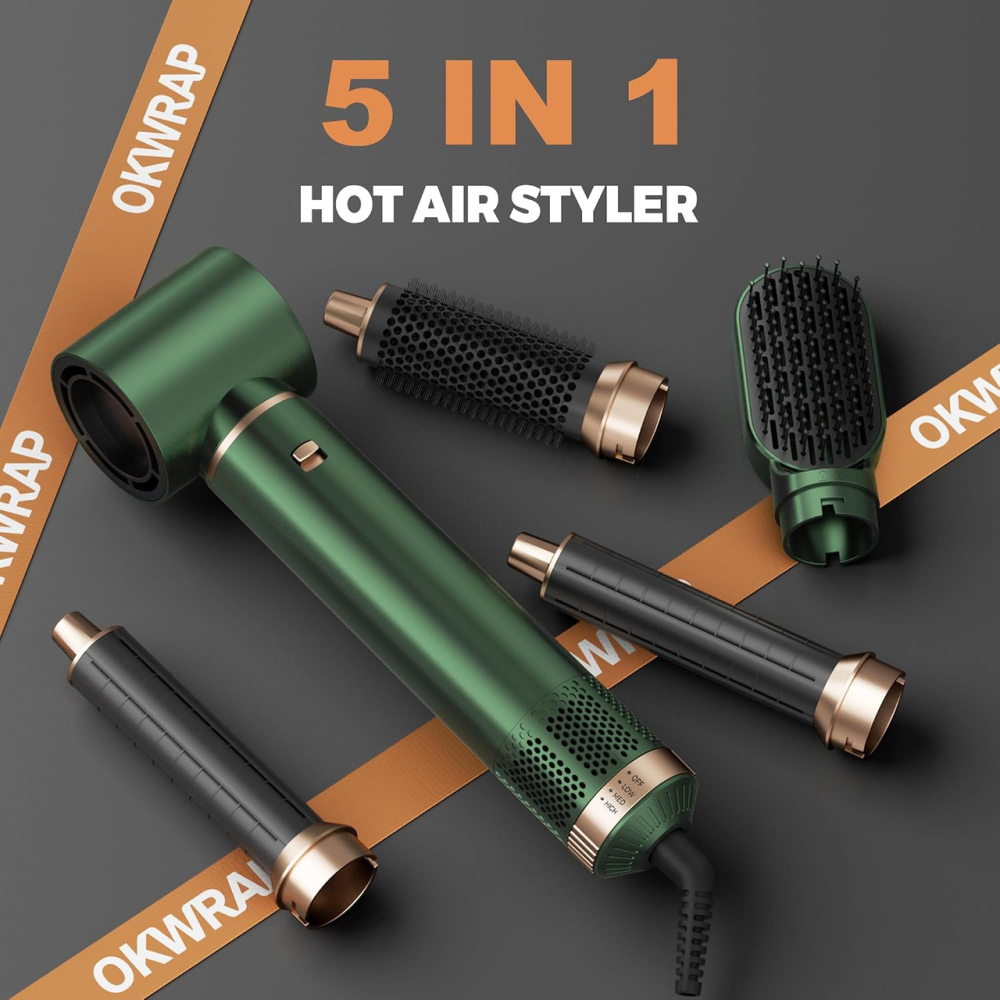 Фен-стайлер OKWRAP Hair Styler 5 в 1, 1000 Вт, фен-щітка з Coanda, 3 режими, іонізація, насадки для локонів, зелений Київ - фото 3