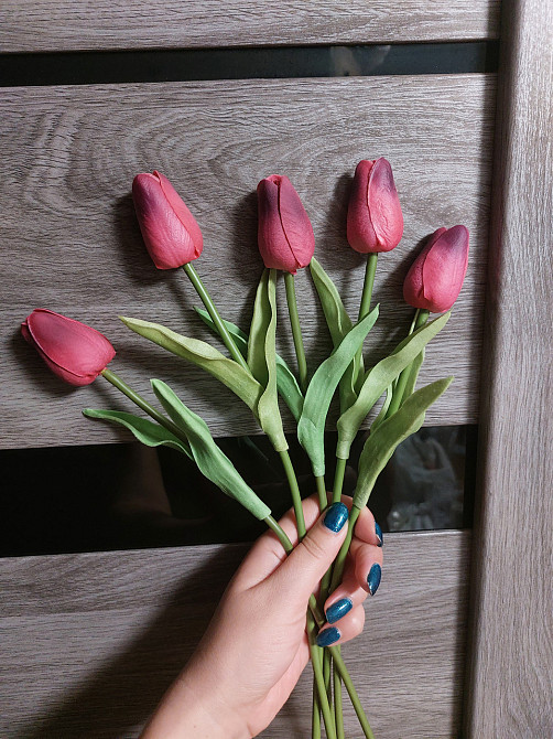 Штучні тюльпани 5 штук 34 см рожево-фіолетовий Київ - фото 3