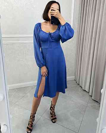 Жіноче святкове плаття з розрізом турецький жатий шовк Синій, 52/54 Одеса