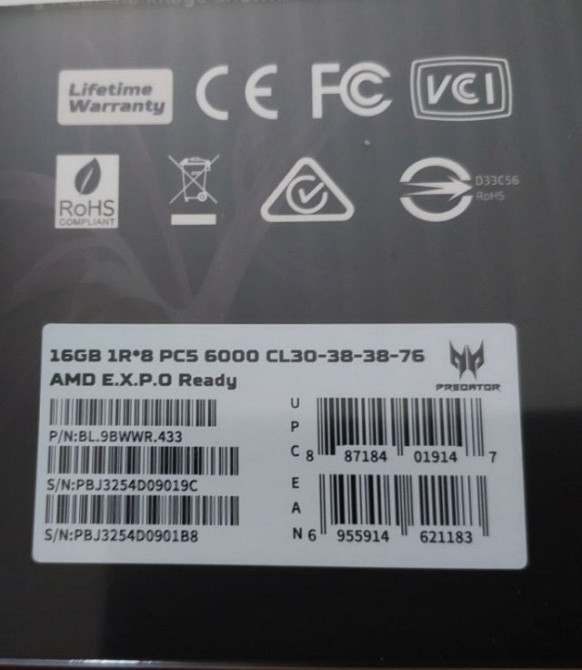 DDR5 acer  predator pallas 32gb 6000mhz cl 30. Київ - фото 1