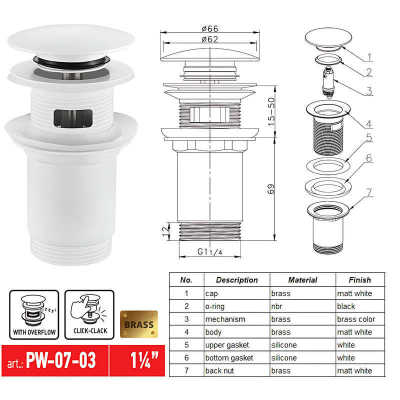 Донный клапан для раковины Koer PW-07-03 1 1/4'' с переливом автоматический СLICK-СLACK (Цвет белый) (KR5783) Киев - изображение 6