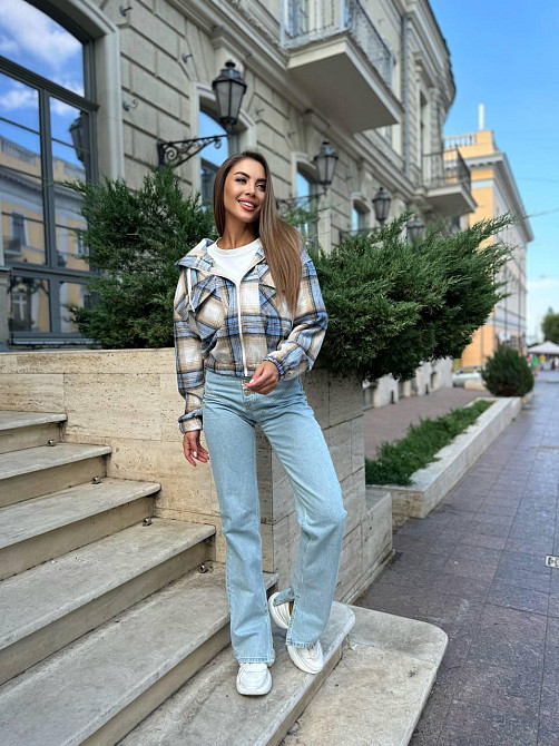 Жіноча кофта в клітинку на блискавці з капюшоном котон Блакитний, 42/44 Одеса - фото 4