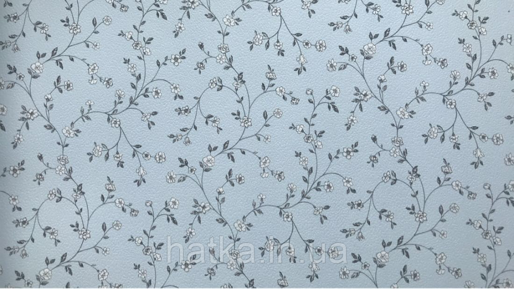 Шпалери вінілові на флізелін Petite Fleur 4 Rasch Texti 288772 на блакитному тлі білі квіти сірі гілочки Київ - фото 1