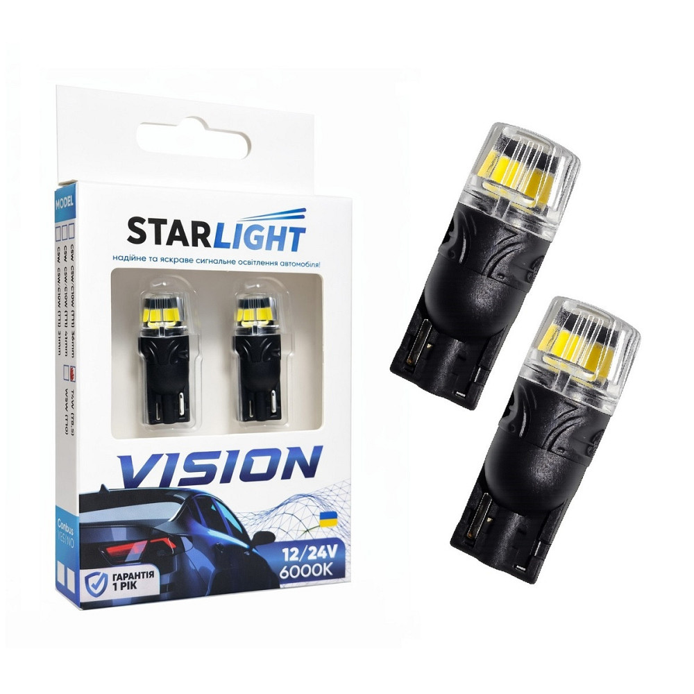 Комплект светодиодных ламп StarLight Vision W5W (T10) BRS LED W2.1X9.5d WHITE 6000K 12/24V Харьков - изображение 1