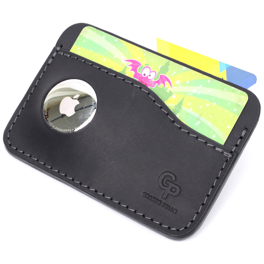 Горизонтальний картхолдер з утримувачем для Apple AirTag з натуральної шкіри GRANDE PELLE 11611 Чорний Київ - фото 5