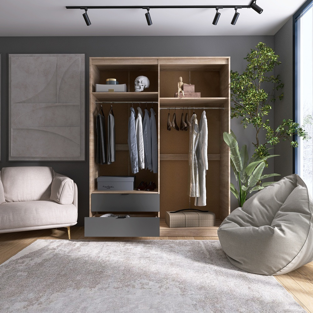 Шкаф распашной для одежды с выдвижными ящиками (штанга-штанга) Эверест Сити-1600 160,2х50х204,6 см Дуб сонома/Графит (DTM-071095) Львов - изображение 4