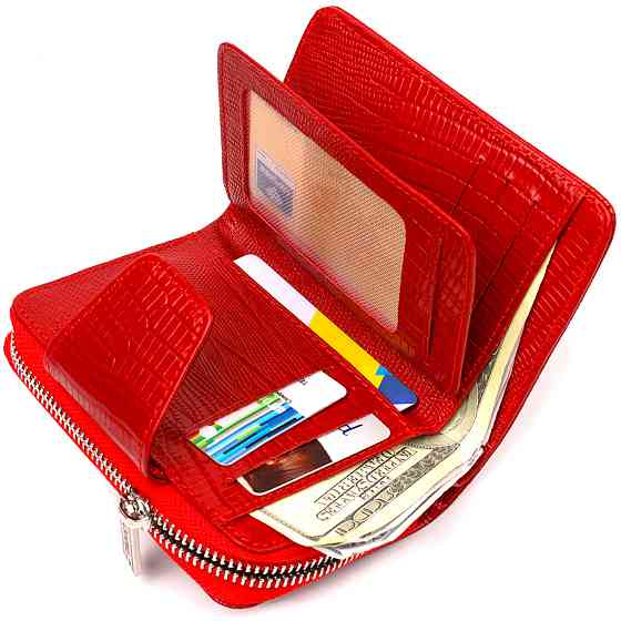 Фактурное женское вертикальное портмоне с монетницей на молнии из натуральной кожи с тиснением Красное (CANPELLINI) Киев