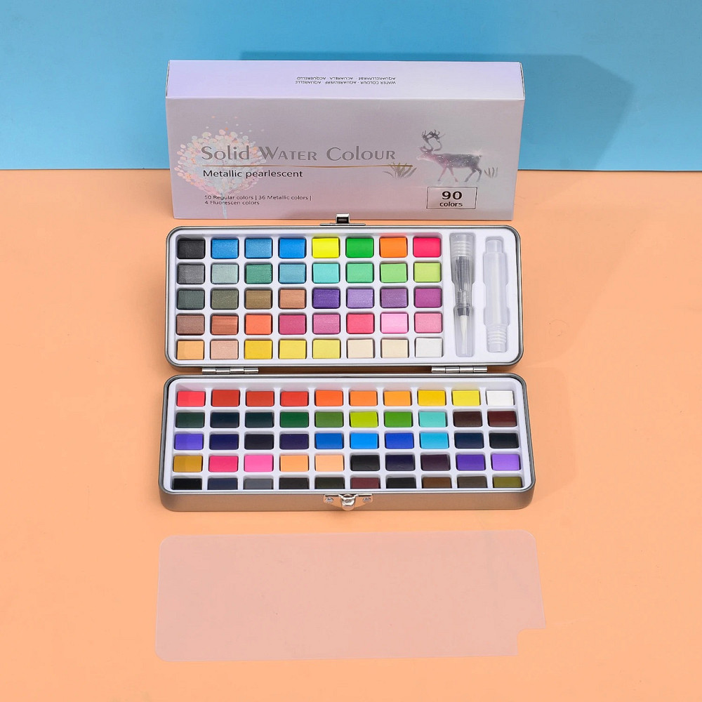 Набор акварельных красок, набор для рисования с неоновыми красками, металлик, 90 цветов и принадлежности Каменец-Подольский - изображение 1