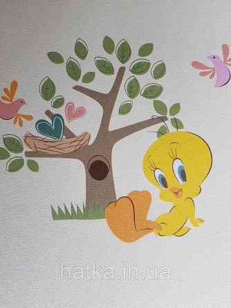Обои виниловые на флизелине AdaWall Ada Kids метровые детские цыпленок бабочки птицы сердечки цветы на желтом Киев