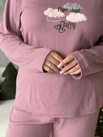 Піжама жіноча великого розміру штани та лонгслів батал PLUS SIZE з вишивкою для дому та сну з довгими рукавами рожева 3XL Одеса
