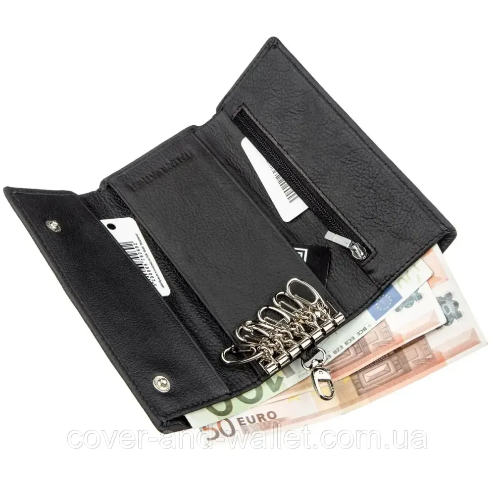 Універсальна ключниця гаманець з карабінами чорного кольору із натуральної шкіри ST 416 Київ - фото 1