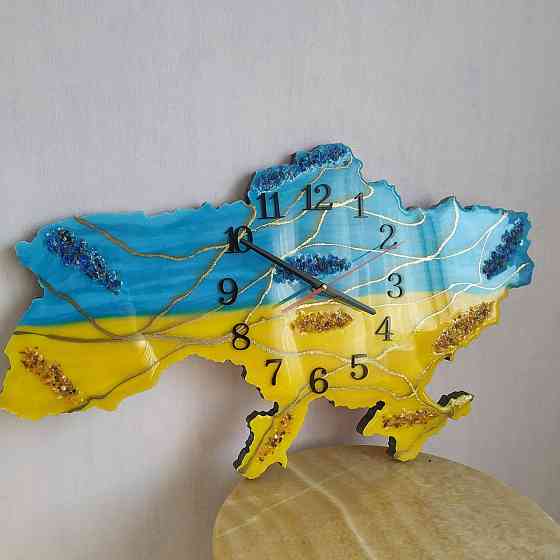 Настінний годинник з епоксидної смоли ручної роботи "Карта України" 70х45 см Дніпро