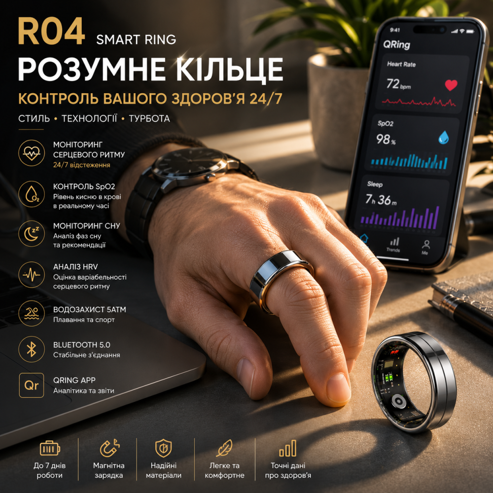 Розумне кільце R04 Smart Ring, моніторинг серцевого ритму, SpO2, сон, HRV, 5ATM, Bluetooth, QRing App Київ - фото 8
