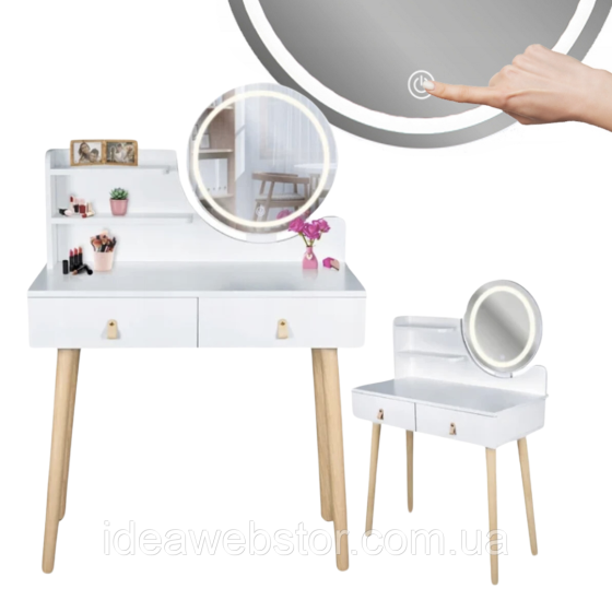 Туалетный столик Jumi Scandi LED подсветка, с ящиками, кожаные ручки, белый Киев