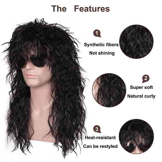 Парик черный кудрявый длинный в стиле рок 80-х, с тату рукавами, для косплей вечеринок смены образа Рок-звезда Киев