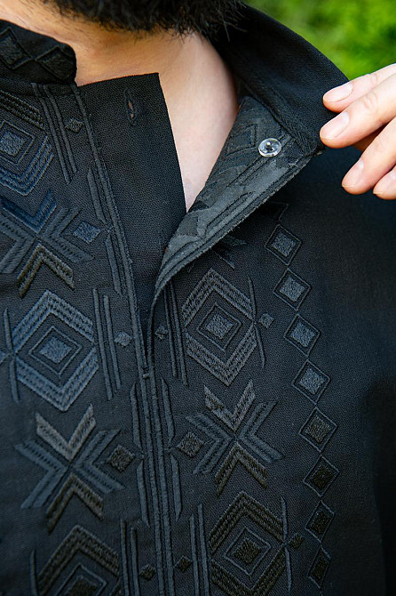 Вышиванка мужская, льняная, с длинным рукавом, черная лен  , топ Киев - изображение 3