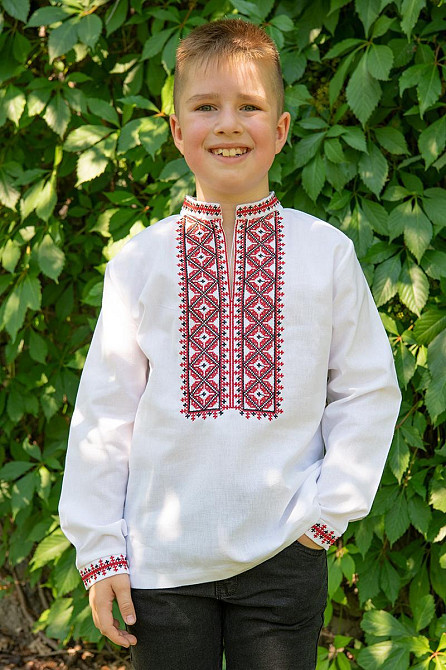 Вишиванка для хлопчиків лляна біла, з довгим рукавом топ 128 Київ - фото 1