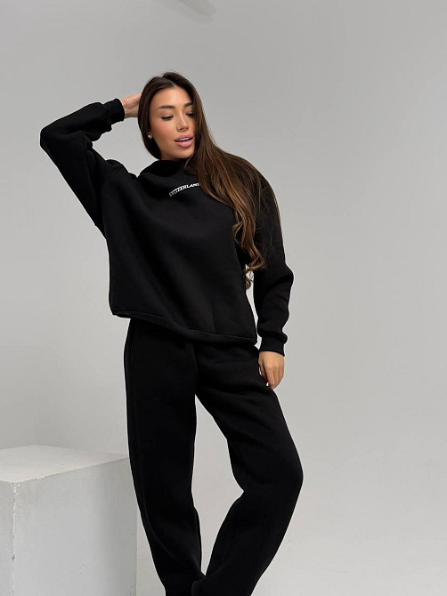 Жіночий стильний спортивний костюм-двійка: худі + штани, тринитка Пен'є на флісі турція Чорний, 50/52 Одеса - фото 7