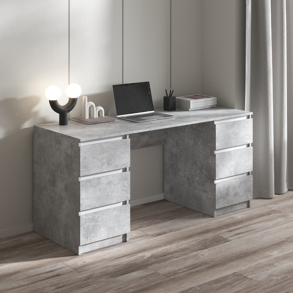 Комп’ютерний стіл VAYS R-2 Бетон-Білі планки, письмовий з 2 тумбами, 6 шухляд без ручок, ЛДСП 160×60×75 см – для дому, офісу, навчання Львів - фото 1
