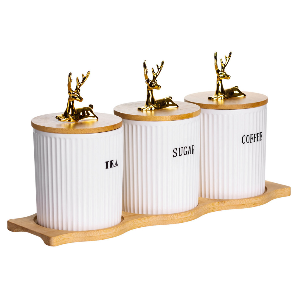 Набір порцелянових банок для сипучіх на бамбуковій підставці 3 шт. по 400 мл для чаю кави цукру SCT-652 Коломия - фото 5