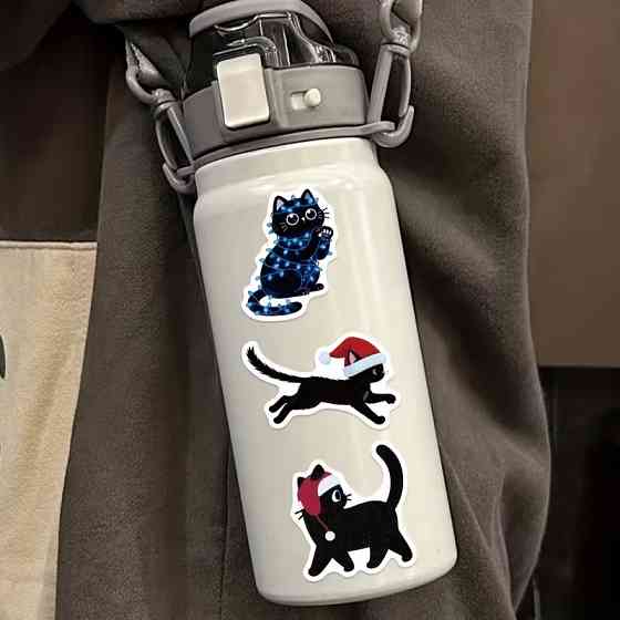 Набір новорічних наліпок 50 шт — чорні котики у шапочках Санти Київ