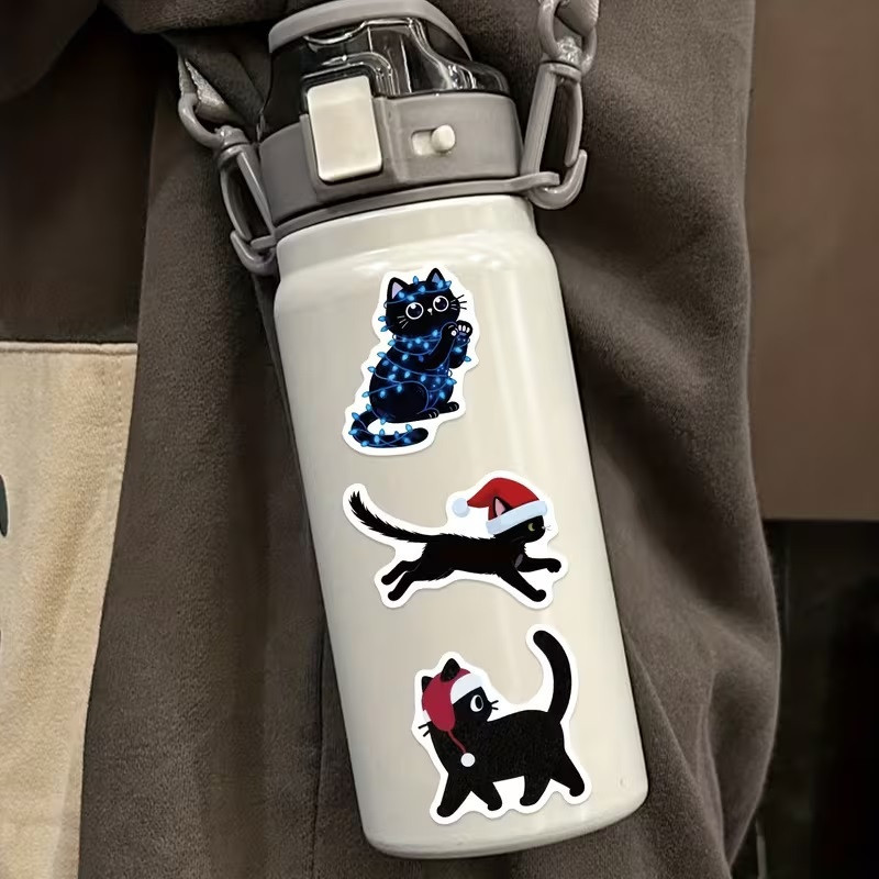 Набір новорічних наліпок 50 шт — чорні котики у шапочках Санти Київ - фото 6