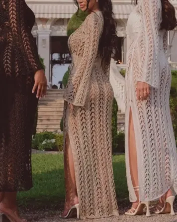 Платье-накидка пляжная бежевая золотистая полупрозрачная поверх купальника или платья, с разрезом, приталенная S Киев