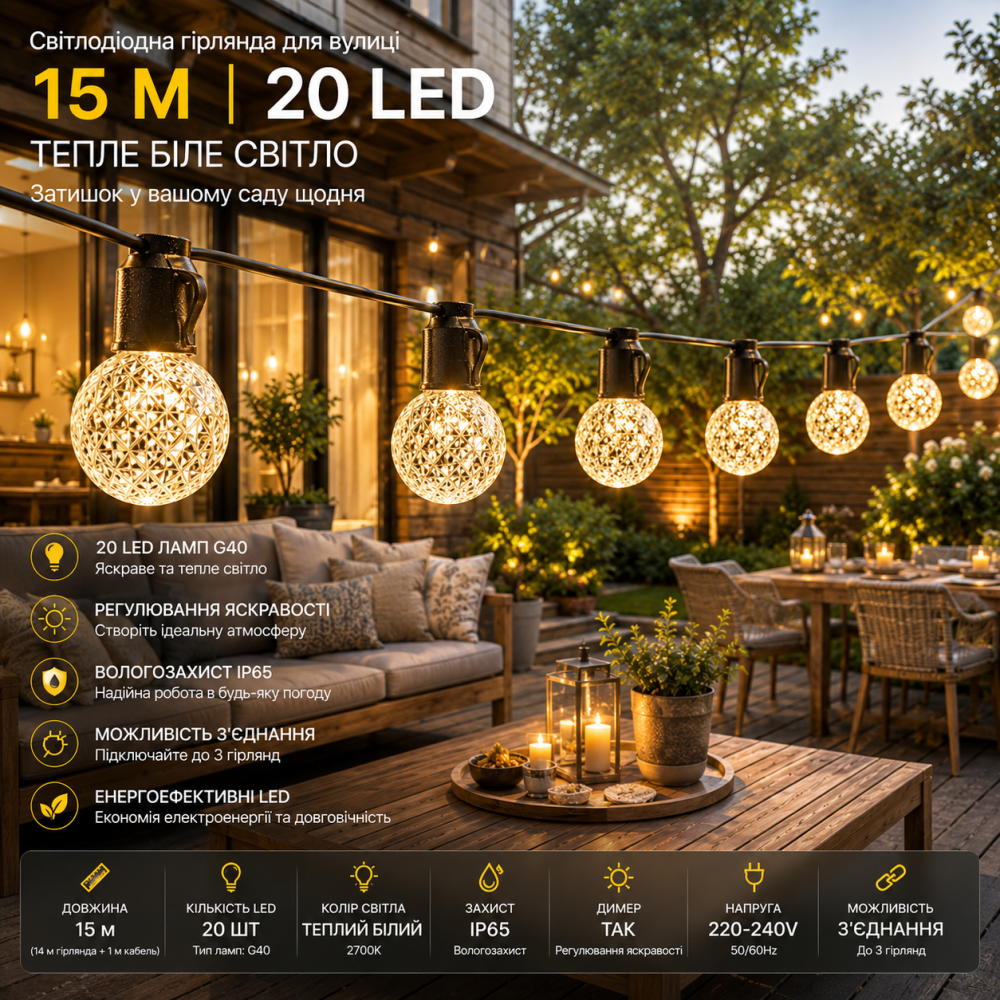 Світлодіодна гірлянда для вулиці 15 м 20 LED ламп G40, тепле біле світло, IP65, регулювання яскравості, для саду, тераси Київ - фото 15