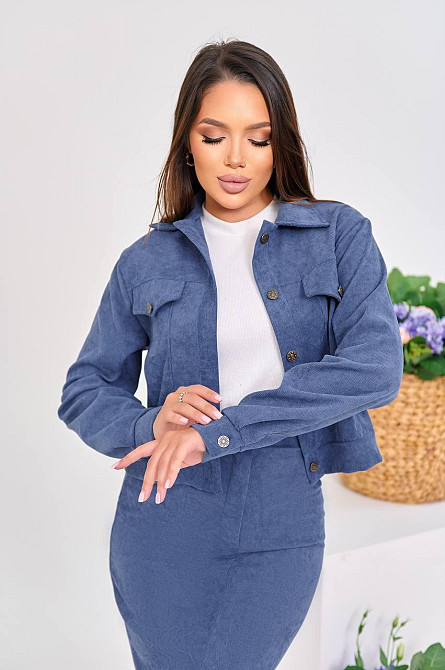 Жіночий стильний костюм-двійка: жакет і спідниця мікровельвет Джинс, 46 Одеса - фото 4