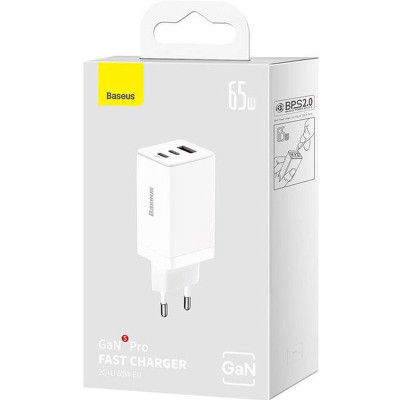 Зарядний пристрій Baseus 2xUSB-C 65W + 1xUSB GaN + cable USB-C to USB-C 100W 1.0m white (CCGP120202) Вінниця - фото 6