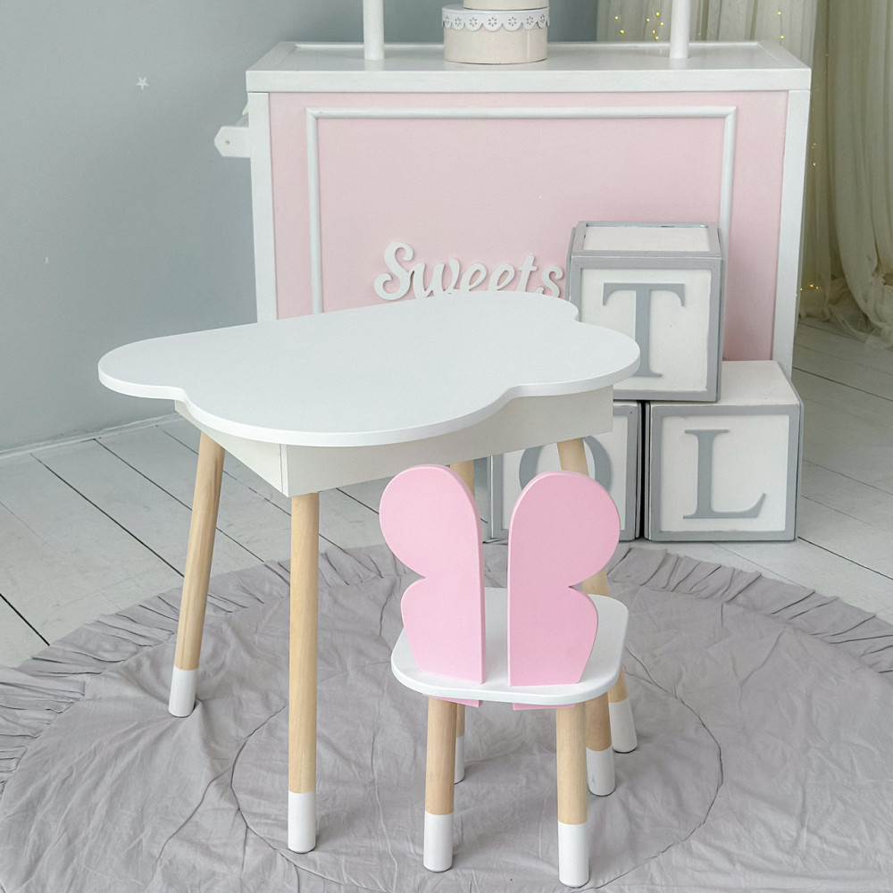 Столик хмаринка з нішею 54х68х50 і стільчик метелик 26х26х24, стіл та стілець в дитячу, білий з рожевим Київ - фото 8