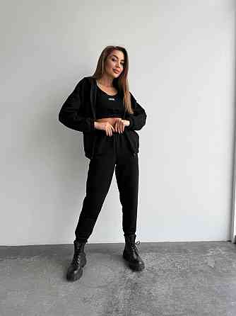 Жіночий прогулянковий костюм-трійка: кофта топ і штани Капітон Чорний, 46/48 Одеса