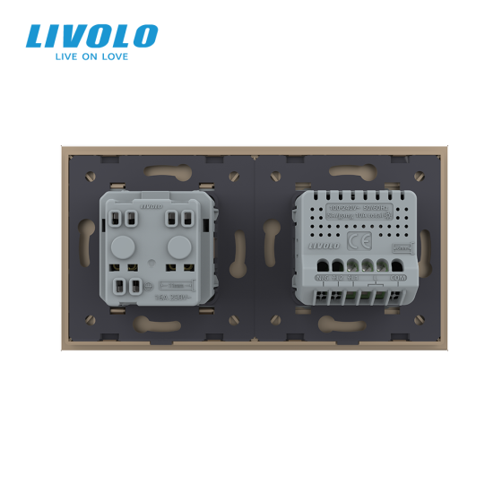 Сенсорний вимикач + розетка вологозахисна з кришкою IP44, з заземленням, золота скляна рамка, шторки, LIVOLO (VL-C701/C7C1EUWF-13) Коломыя
