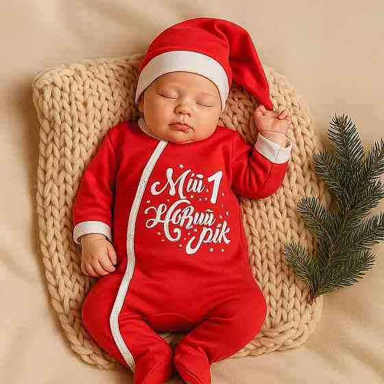 Новорічний чоловічок для новонародженого з шапочкою зріст 56 - 62 см (0 - 3 місяці) BST Червоний з білим Кривий Ріг